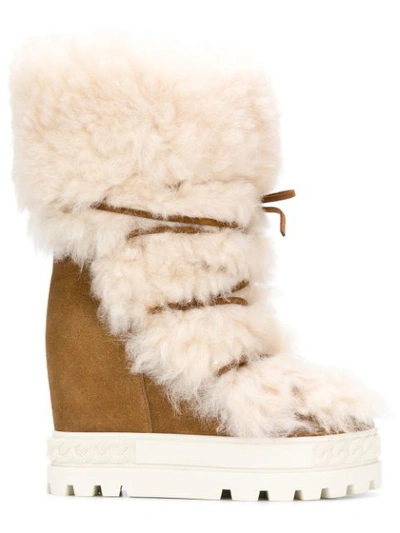 Casadei 120mm Shearling & Suede Sneaker Boots In Brown