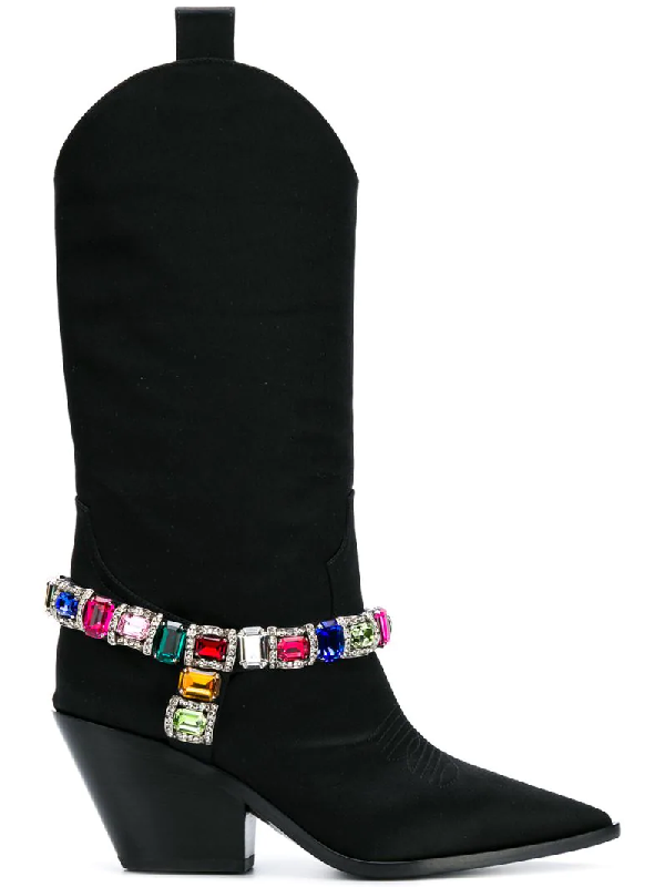 Casadei 60mm Rodeo Crystals Satin Cowboy Boots In Black | ModeSens