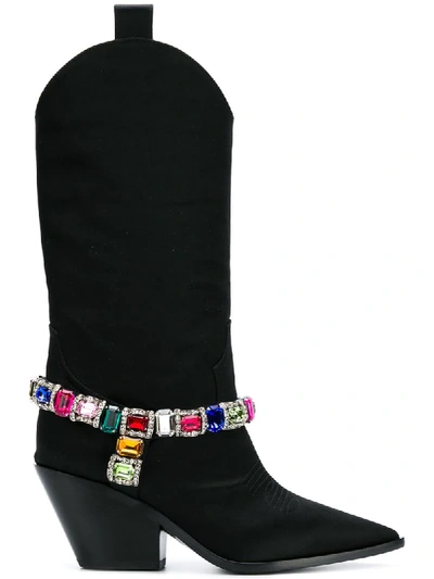 Casadei 60mm Rodeo Crystals Satin Cowboy Boots In Black