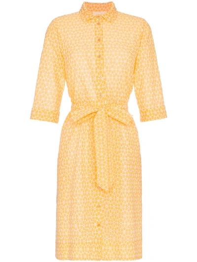 Lisa Marie Fernandez Floral Embroidered Cotton Shirt Dress In Yellow&orange