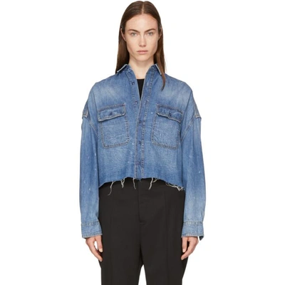 R13 Oversized Cropped Distressed Denim Shirt In Blue