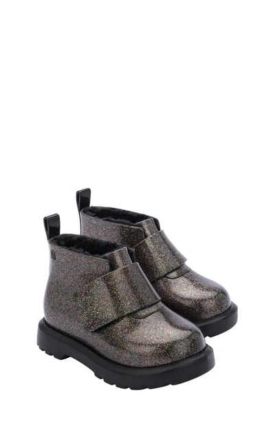 Melissa Kids' Mini  Faux Fur Lined Chelsea Boot In Black Glitter Multi