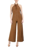 Nina Leonard Twist Halter Knit Jumpsuit In Cognac