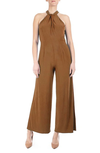 Nina Leonard Twist Halter Knit Jumpsuit In Cognac