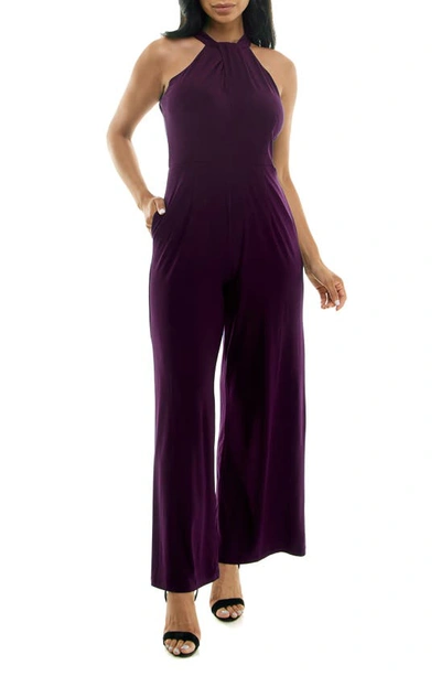 Nina Leonard Twist Halter Knit Jumpsuit In Black Plum