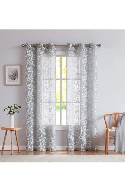 Dainty Home Rita Floral Set Of 2 Sheer Panel Curtains In Silver