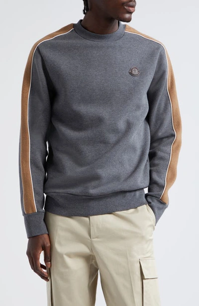 Moncler Stripe Sleeve Crewneck Sweatshirt In Grey