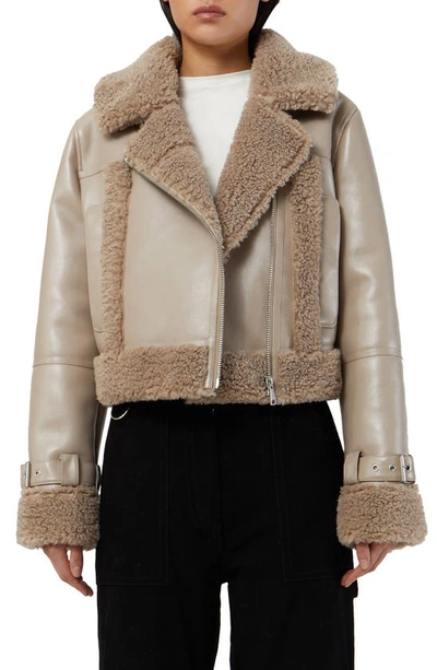 Apparis Jay Faux Leather & Faux Shearling Moto Jacket In Taupe