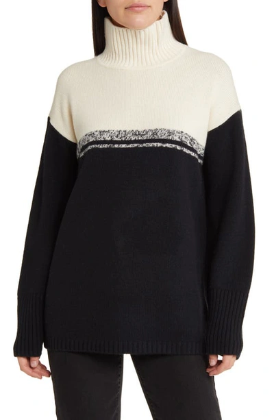 Nordstrom Signature Colorblock Cashmere Tunic Sweater In Black Rock- Ivory Color Block