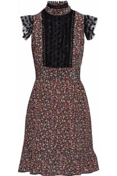 Anna Sui Woman Point D'esprit-trimmed Floral-print Crepe De Chine Mini Dress Black