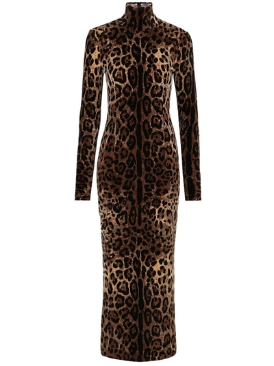 Dolce & Gabbana Leopard-print Cotton-blend Dress In Brown