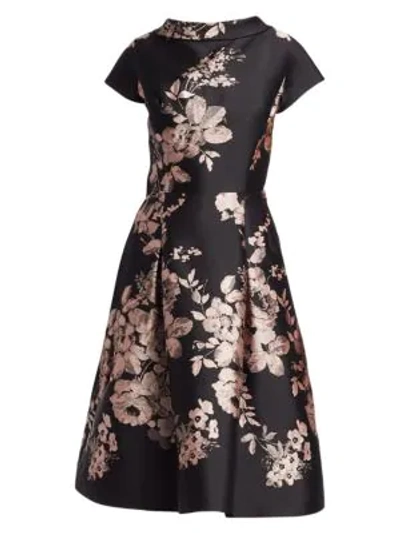 Teri Jon By Rickie Freeman High-neck Cap-sleeve Fit-and-flare Floral-jacquard Cocktail Dress In Black Pink