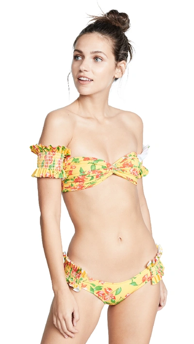 Caroline Constas Adros Shirred Floral Bandeau Bikini Top In Yellow