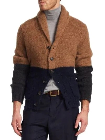 Brunello Cucinelli Men's Colorblock Shawl-collar Cardigan In Brown Blue