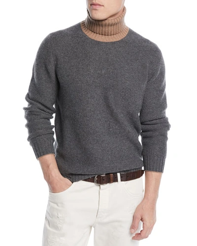 Brunello Cucinelli Men's Bicolor Wool-blend Turtleneck Sweater In Smoke