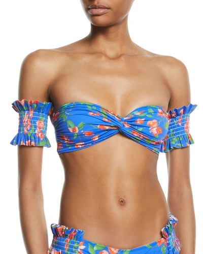 Caroline Constas Adros Shirred Floral Bandeau Bikini Top In Blue