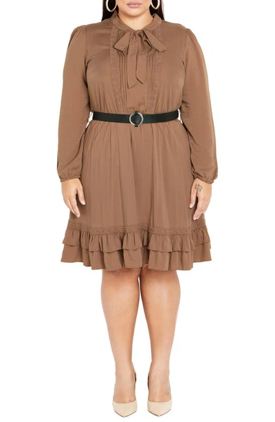 City Chic Precious Tie Neck Belted Long Sleeve Dress In Deep Caramel