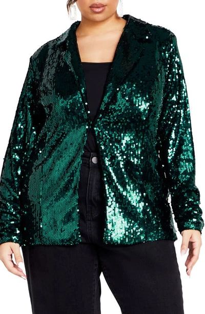 City Chic Sequin Single Breasted Blazer In Emerald