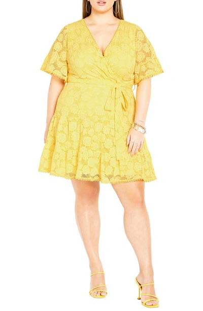 City Chic Garden Kisses Lace Faux Wrap Dress In Sunshine
