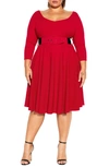 City Chic Belted Fit & Flare Dress In Cherry