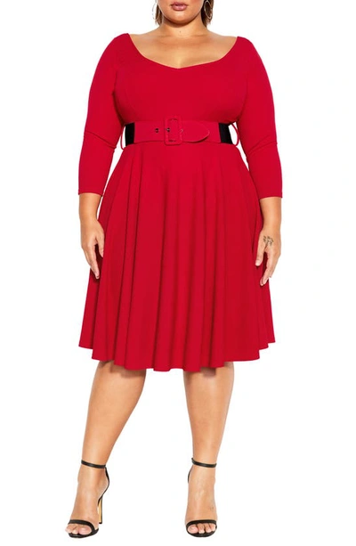 City Chic Belted Fit & Flare Dress In Cherry