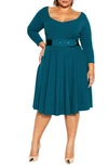 City Chic Belted Fit & Flare Dress In Teal