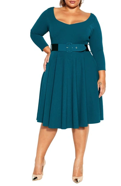 City Chic Belted Fit & Flare Dress In Teal