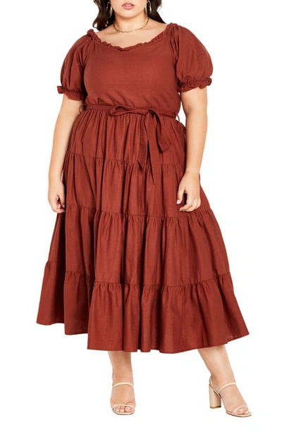 City Chic Puff Sleeve Tie Belt Midi Dress In Toffee