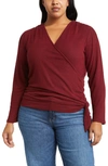 Loveappella Wrap Front Side Tie Knit Top In Burgundy