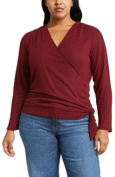 Loveappella Wrap Front Side Tie Knit Top In Burgundy