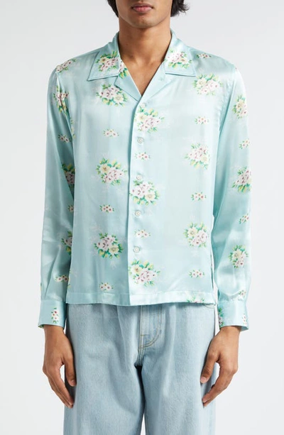 Bode Daisy Floral Print Silk Button-up Shirt In Blue Multi