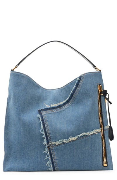 Tom Ford Alix Patchwork Panel Denim Hobo Bag In Blue/ Black