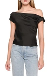 Wayf Twist One-shoulder Satin Blouse In Black