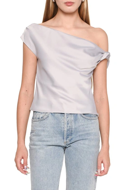 Wayf Twist One-shoulder Satin Blouse In Silver