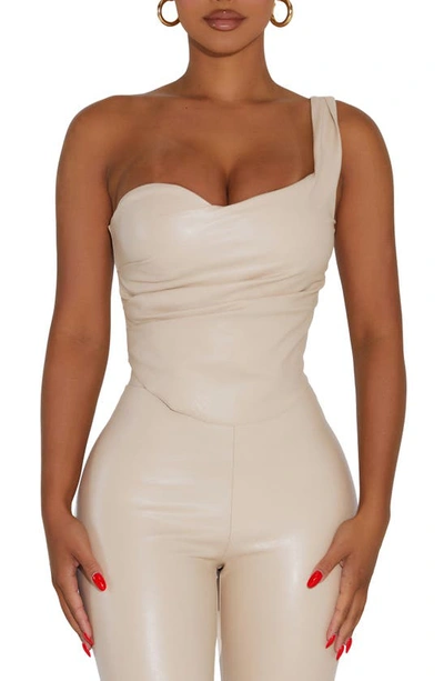 Naked Wardrobe Faux-ever Leather™ One-shoulder Corset Top In Light Beige