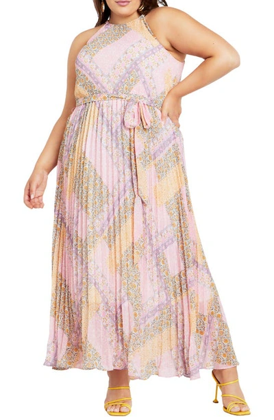 City Chic Regina Floral Patchwork Pleated Belted Maxi Dress In Stella Patchwork