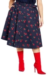 City Chic Siena Belted High Waist Button Front Midi Skirt In Navy Strawberry Prt