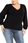 City Chic Quiero Long Sleeve Knit Top In Black