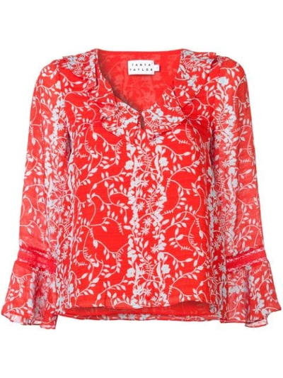 Tanya Taylor Staci Floral Vines Bell-sleeve Top In Red