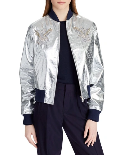 Ralph Lauren Juliet Beaded-embellished Metallic Lamb Leather Bomber Jacket