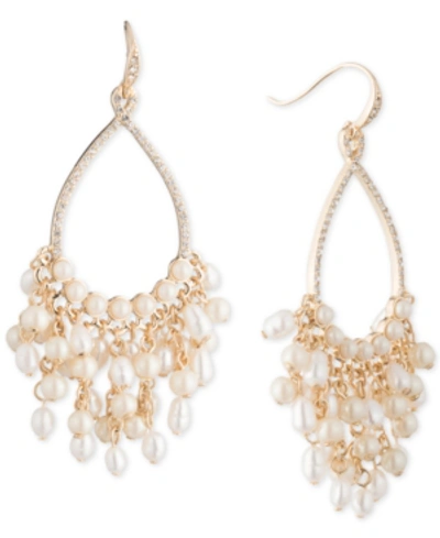 Carolee Gold-tone Crystal & Imitation Pearl 2 1/2" Drop Hoop Earrings In White
