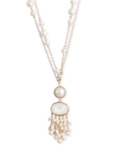 Carolee Gold-tone Crystal & Imitation Pearl 18"/36" Double-row Pendant Necklace In White