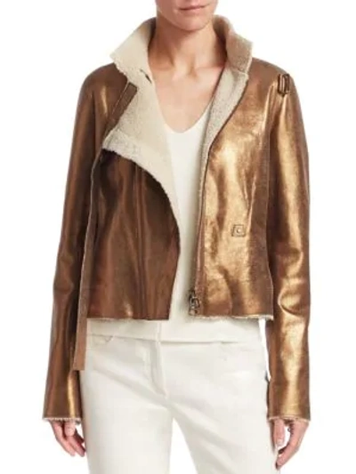Akris Metallic Leather Shearling Jacket In Gold