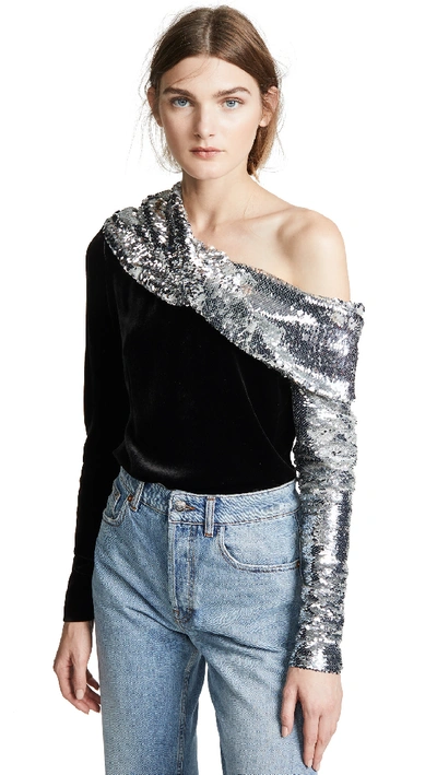 Monse One-shoulder Sequined Crepe And Velvet Top In Black & Silver