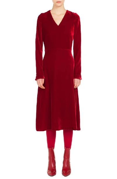 Akris Punto V-neck Long-sleeve A-line Velvet Midi Dress In Ruby