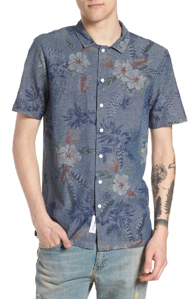 Native Youth Floral Sketch Short Sleeve Sport Shirt In Indigo