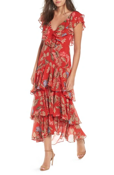 Wayf Chelsea Tiered Ruffle Maxi Dress In Red Tropical