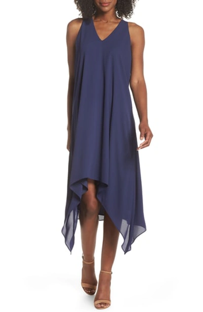 Maggy London Draped Racerback Georgette Trapeze Dress In Navy