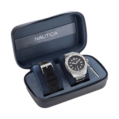 Nautica Mens Koh May Bay Stainless Steel And Silicone Watch Box Set In Silver