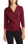 Loveappella Faux Tie Wrap Top In Burgundy